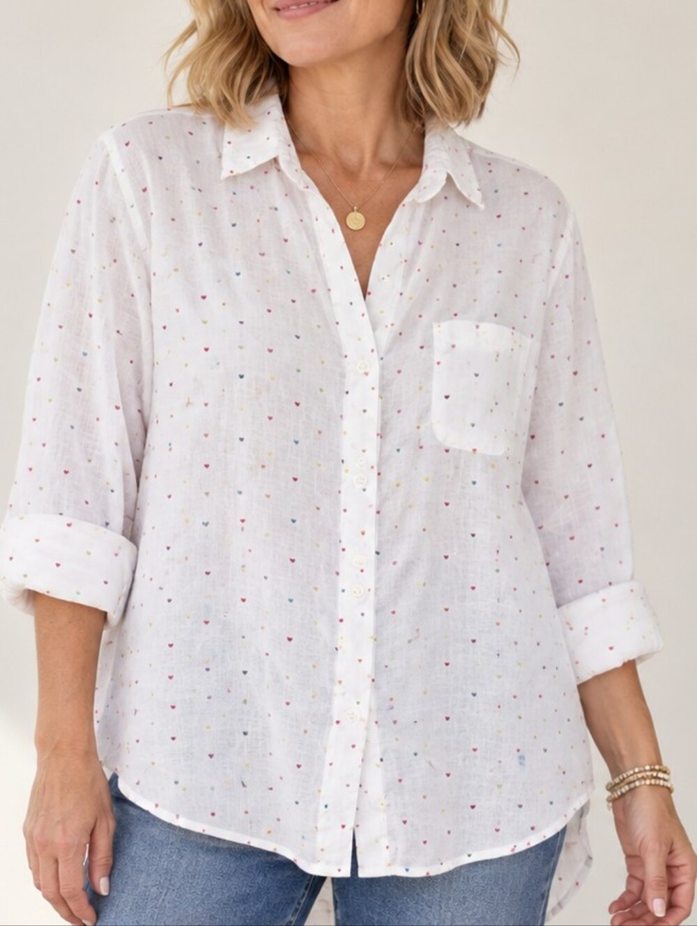 Grayson The Hero Frank & Eileen  Blouse Linen White Colorful Heart Print Large